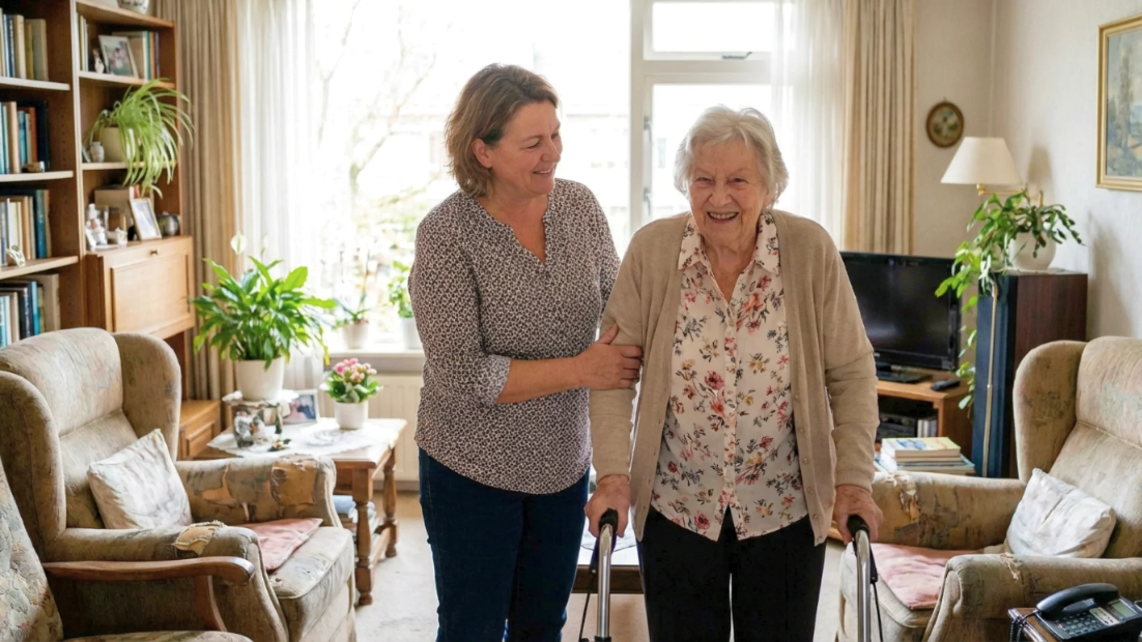 caregiver assisting an elderly woman at home